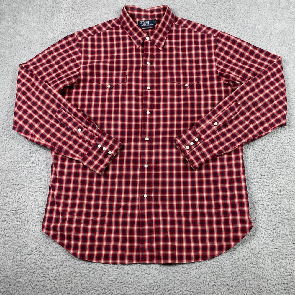 Polo Ralph Lauren Classic Western Shirt Mens XL Red Black Plaid Pearl Snap